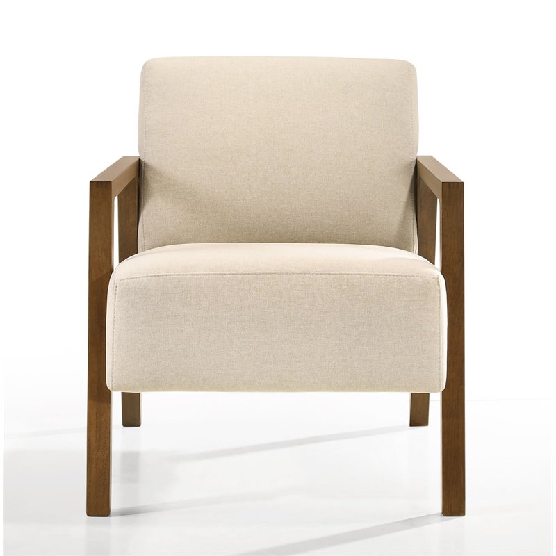 Pemberly Row Solid Wood & Fabric Upholstered Lounge Accent Chair in Beige