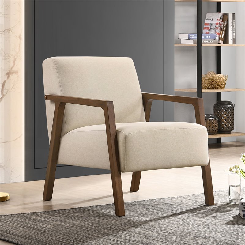 Pemberly Row Solid Wood & Fabric Upholstered Lounge Accent Chair in Beige
