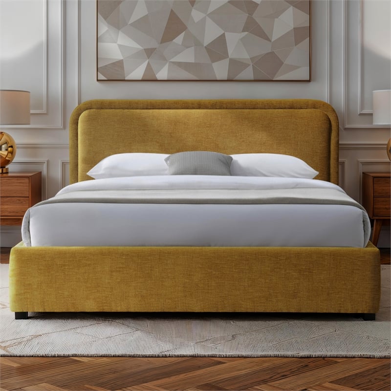 Pemberly Row Upholstered Queen Platform Bed with Rounded Headboard in Gold