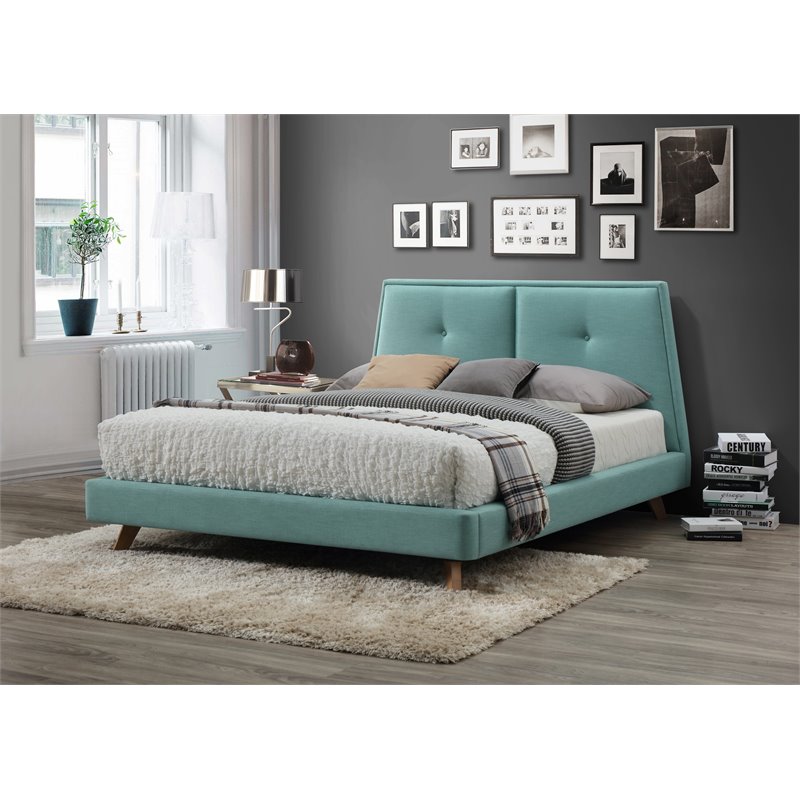 Pemberly Row Wood and Fabric Upholstered Queen Platform Bed in Turquoise