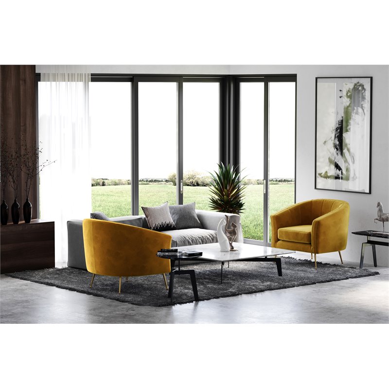 Pemberly Row Barrel Steel/Velvet Accent Chair with Gold Legs in Mustard Yellow