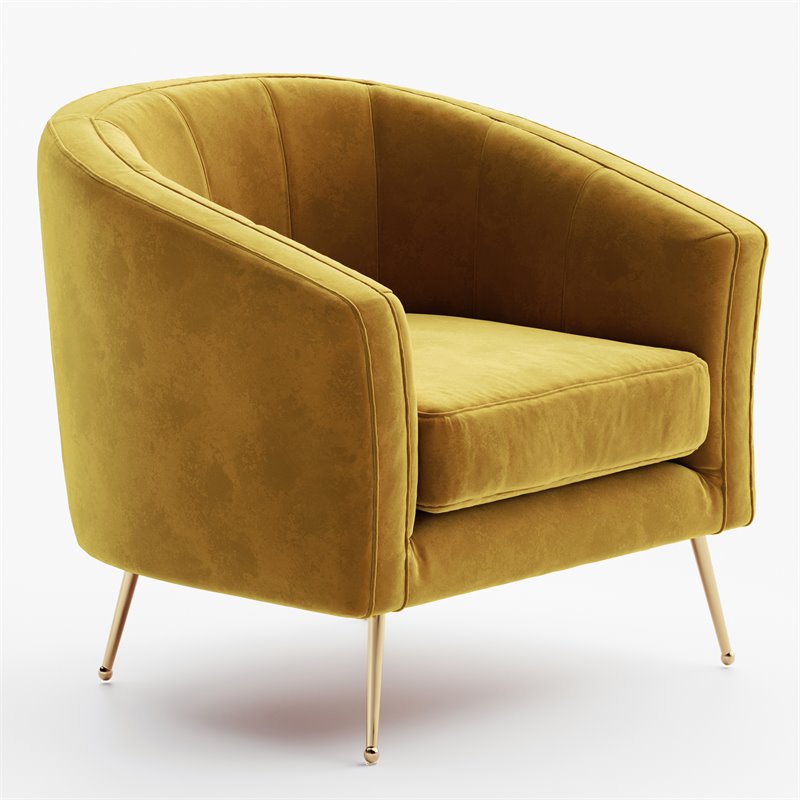 Pemberly Row Barrel Steel/Velvet Accent Chair with Gold Legs in Mustard Yellow