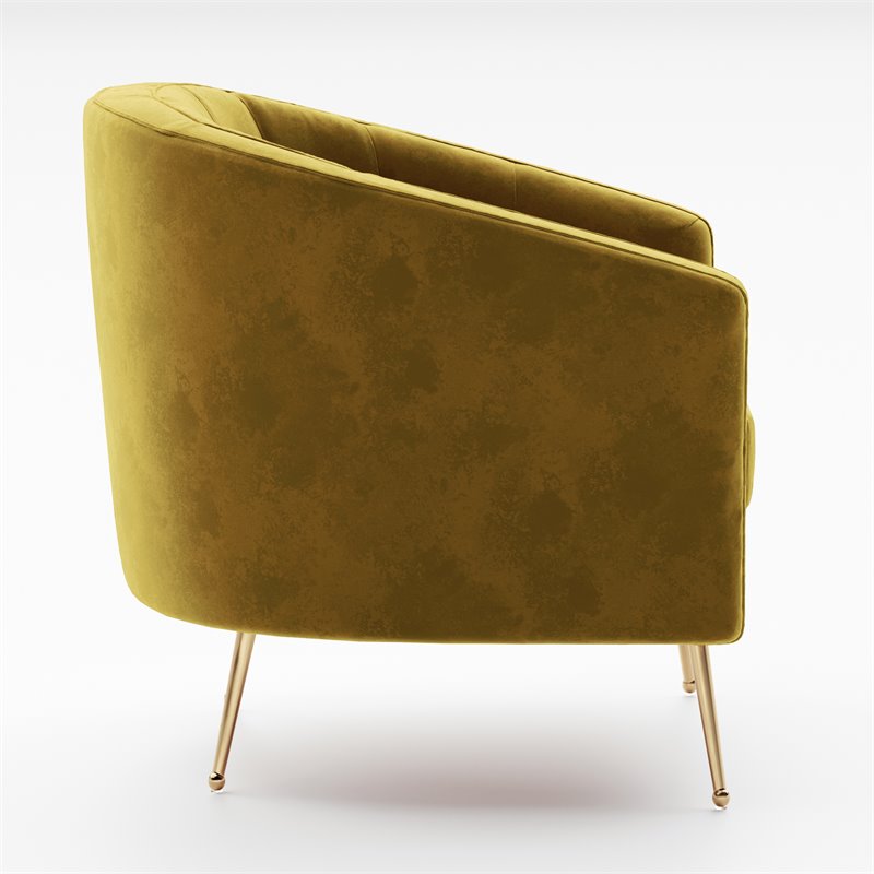 Pemberly Row Barrel Steel/Velvet Accent Chair with Gold Legs in Mustard Yellow