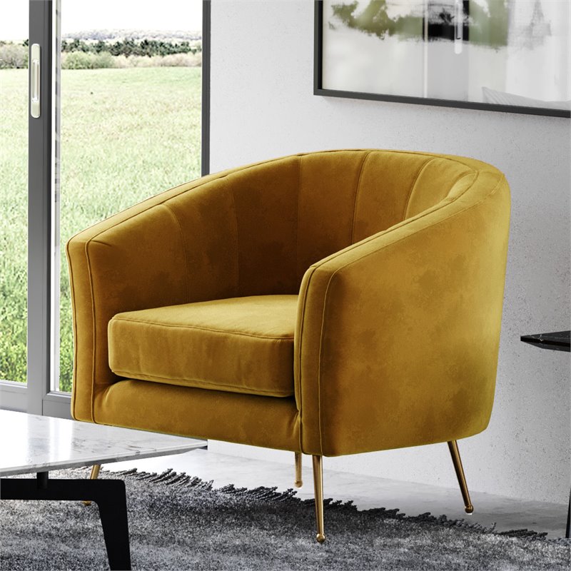 Pemberly Row Barrel Steel/Velvet Accent Chair with Gold Legs in Mustard Yellow