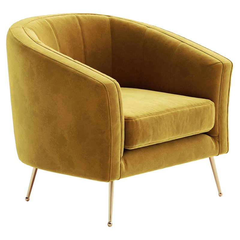 Pemberly Row Barrel Steel/Velvet Accent Chair with Gold Legs in Mustard Yellow
