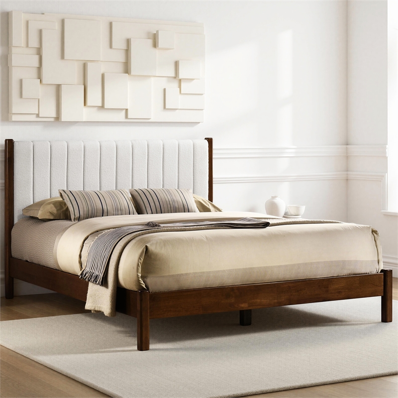 Pemberly Row Wooden Queen Platform Bed in Walnut and Cream White Boucle