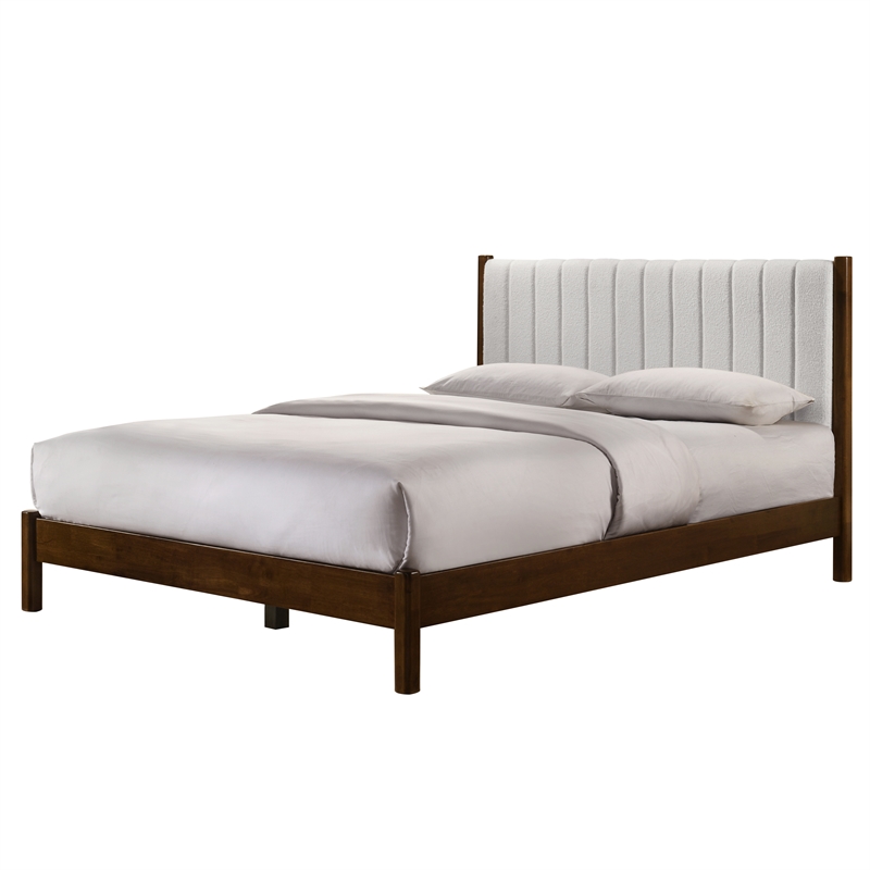 Pemberly Row Wooden Queen Platform Bed in Walnut and Cream White Boucle