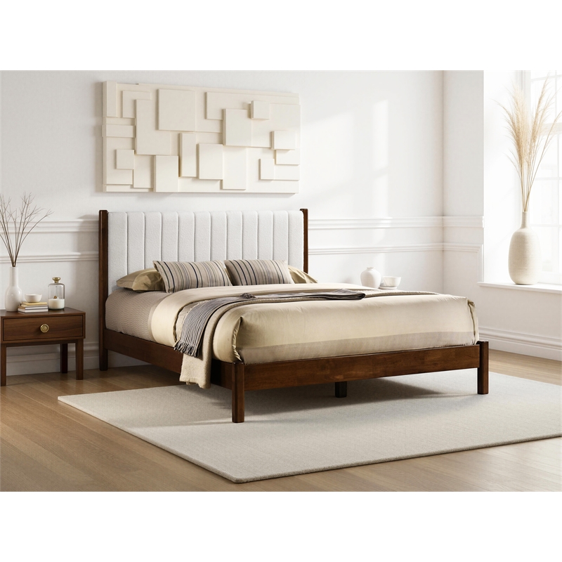 Pemberly Row Wooden Queen Platform Bed in Walnut and Cream White Boucle