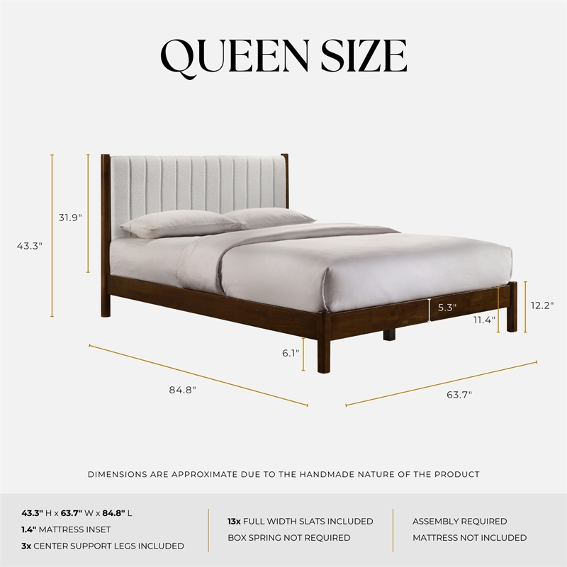 Pemberly Row Wooden Queen Platform Bed in Walnut and Cream White Boucle