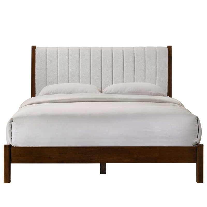 Pemberly Row Wooden Queen Platform Bed in Walnut and Cream White Boucle