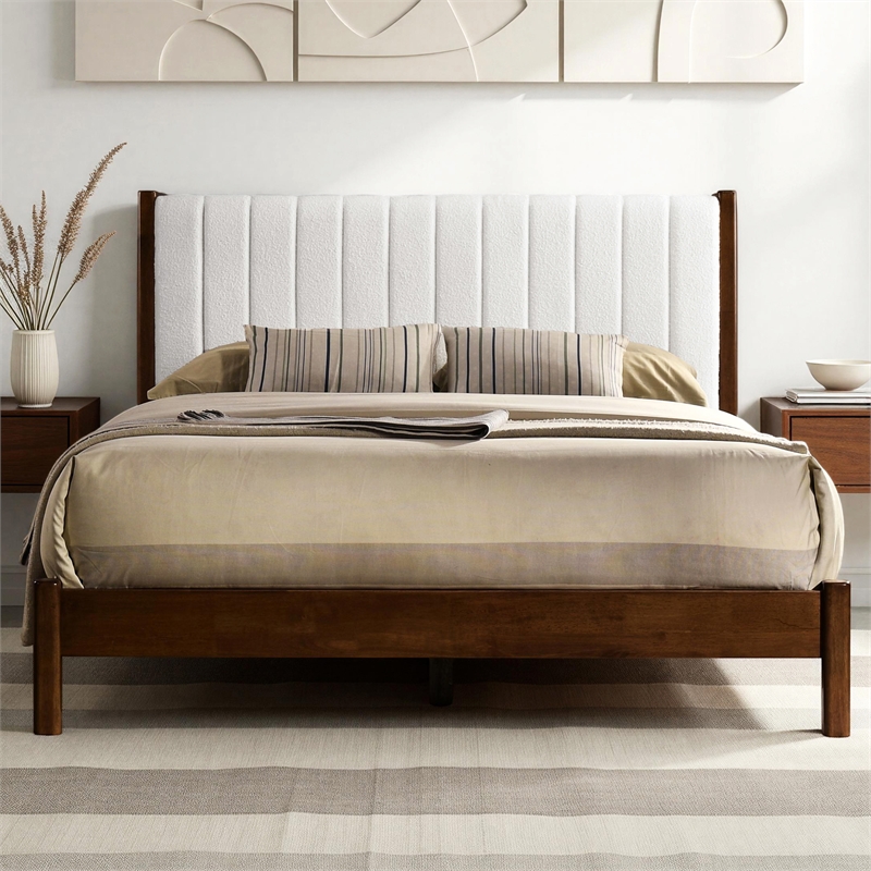 Pemberly Row Wooden Queen Platform Bed in Walnut and Cream White Boucle
