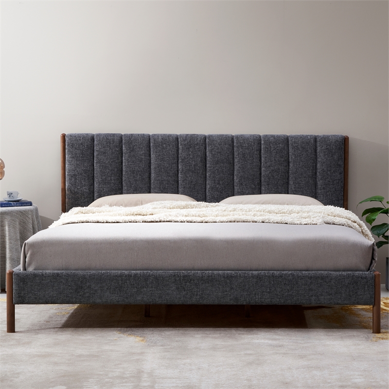Pemberly Row Upholstered Platform King Bed with Channel Tufted Headboard in Gray