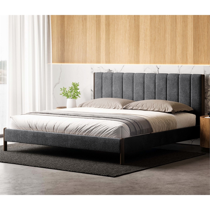 Pemberly Row Upholstered Platform King Bed with Channel Tufted Headboard in Gray