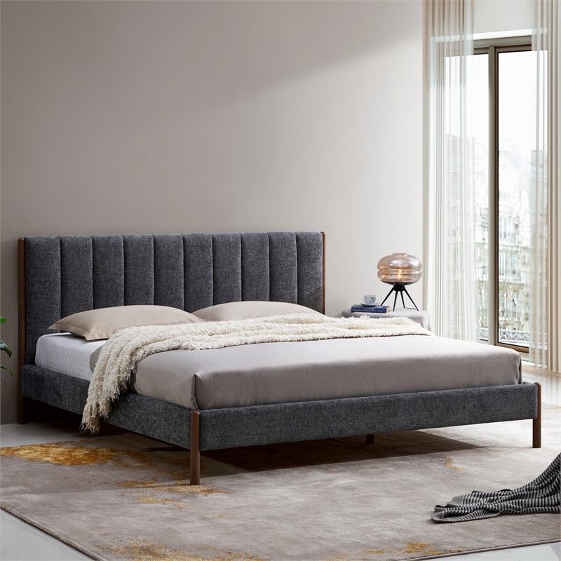 Pemberly Row Upholstered Platform King Bed with Channel Tufted Headboard in Gray