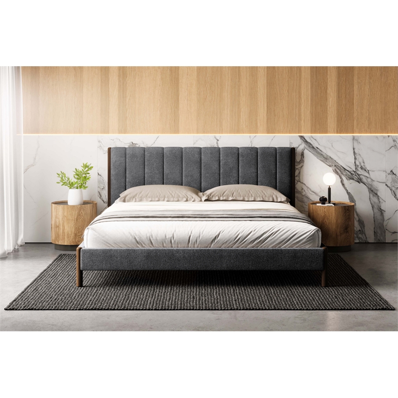 Pemberly Row Upholstered Platform King Bed with Channel Tufted Headboard in Gray