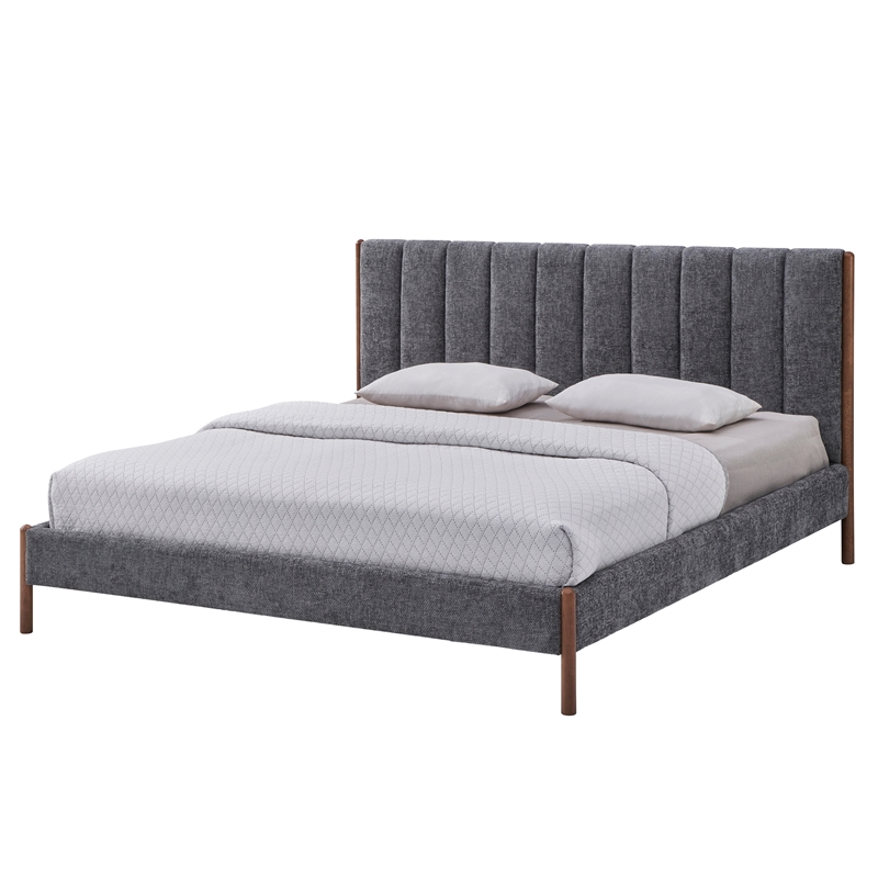 Pemberly Row Upholstered Platform King Bed with Channel Tufted Headboard in Gray