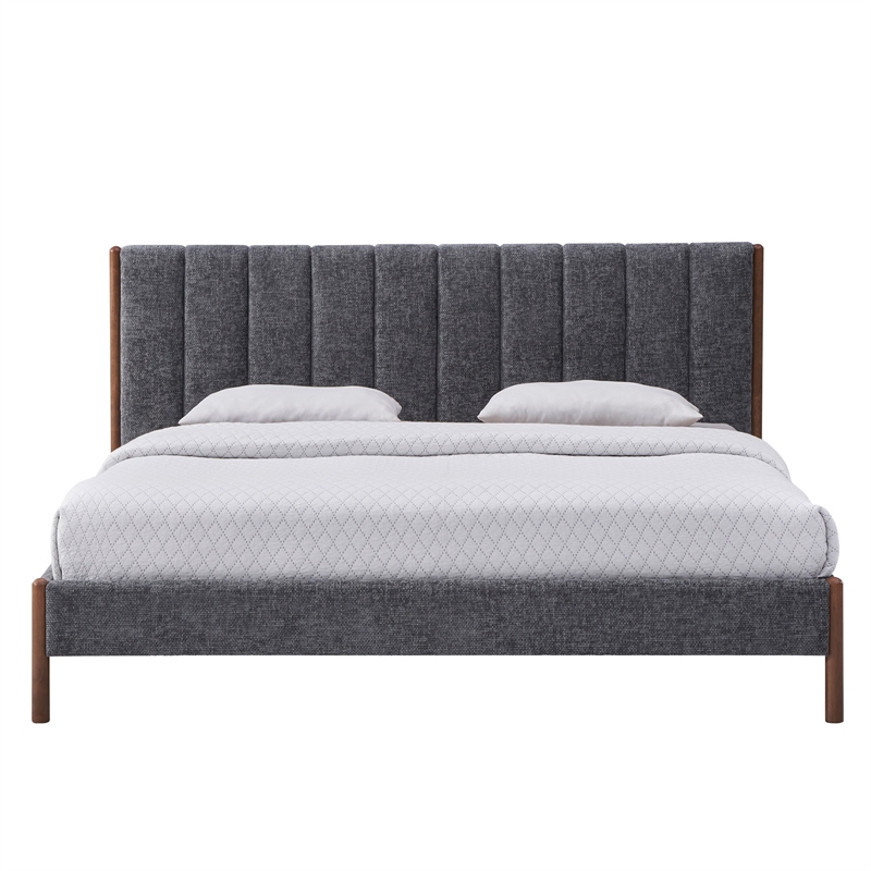 Pemberly Row Upholstered Platform King Bed with Channel Tufted Headboard in Gray