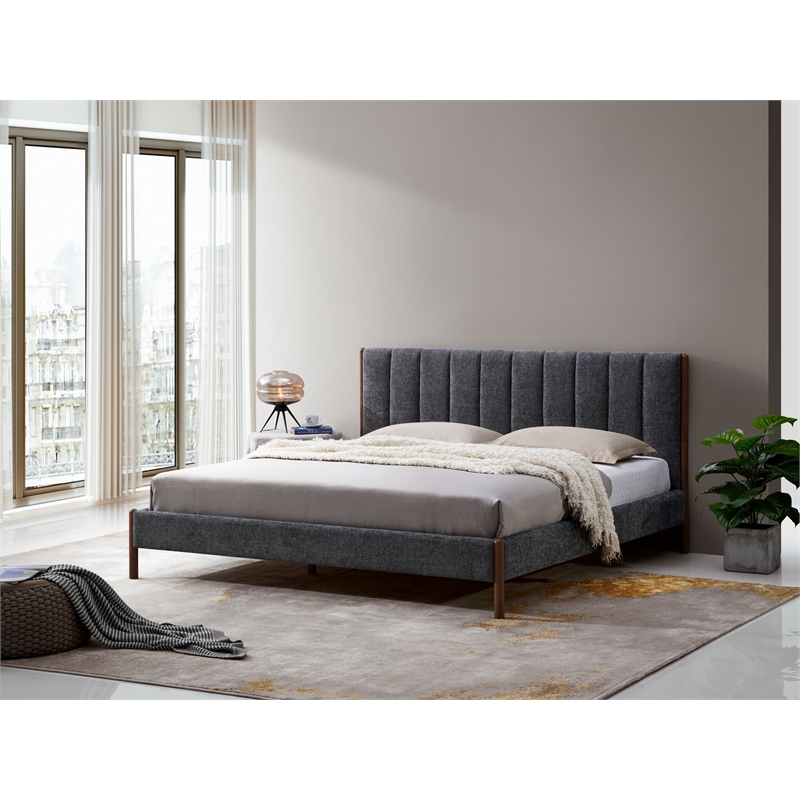 Pemberly Row Upholstered Platform King Bed with Channel Tufted Headboard in Gray