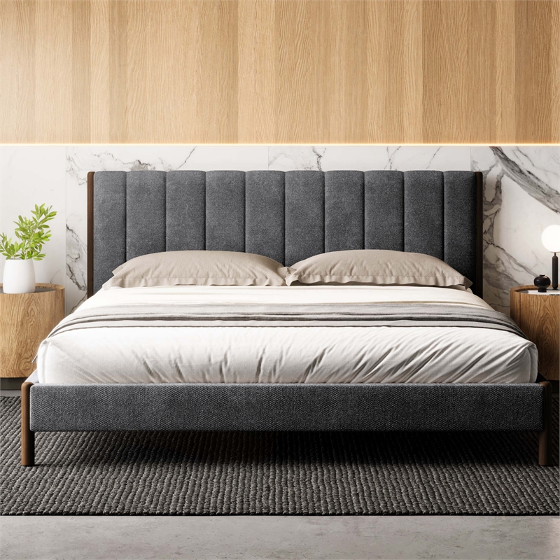 Pemberly Row Upholstered Platform King Bed with Channel Tufted Headboard in Gray
