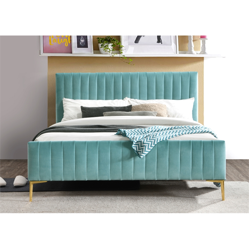 Pemberly Row Wood and Fabric Upholstered Queen Platform Bed in Turquoise