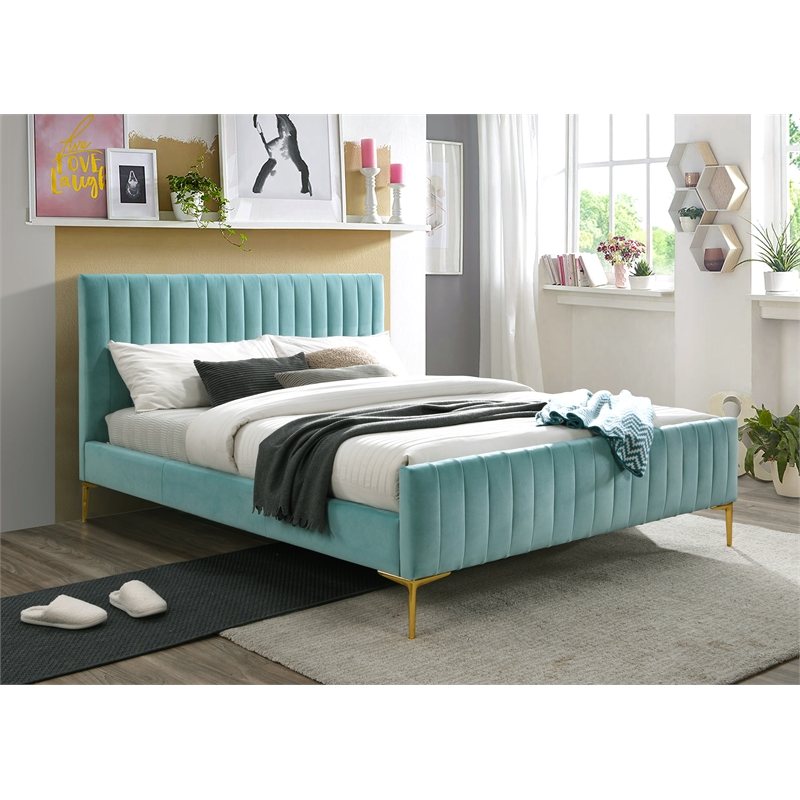 Pemberly Row Wood and Fabric Upholstered Queen Platform Bed in Turquoise