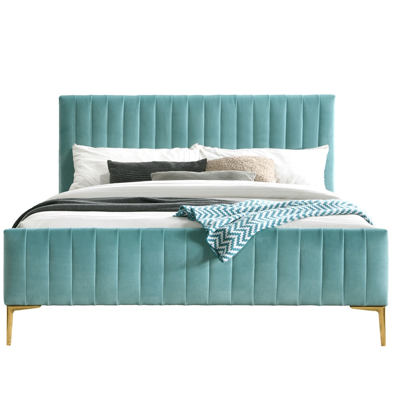 Pemberly Row Wood and Fabric Upholstered Queen Platform Bed in Turquoise
