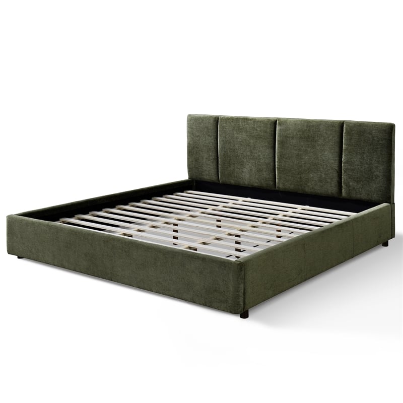 Pemberly Row Upholstered Platform King Bed with Channel Tufted Headboard - Green