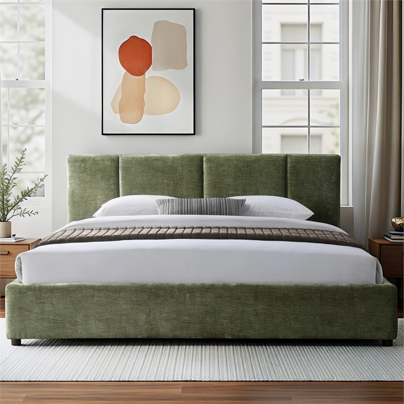 Pemberly Row Upholstered Platform King Bed with Channel Tufted Headboard - Green
