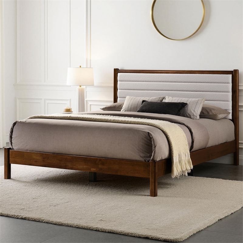 Pemberly Row Wooden Queen Platform Bed in Walnut and Cream White Boucle