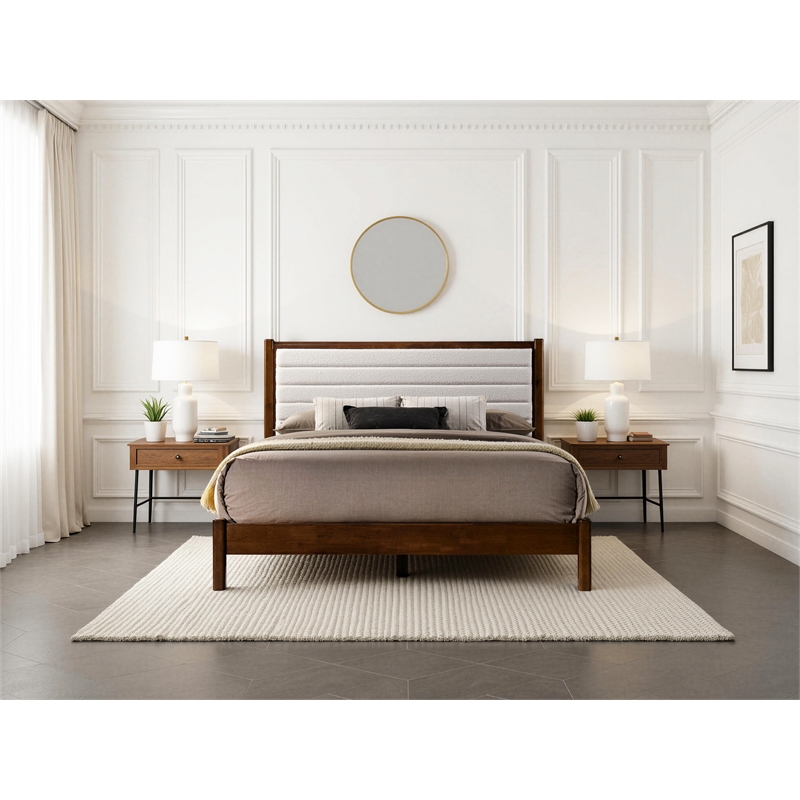 Pemberly Row Wooden Queen Platform Bed in Walnut and Cream White Boucle