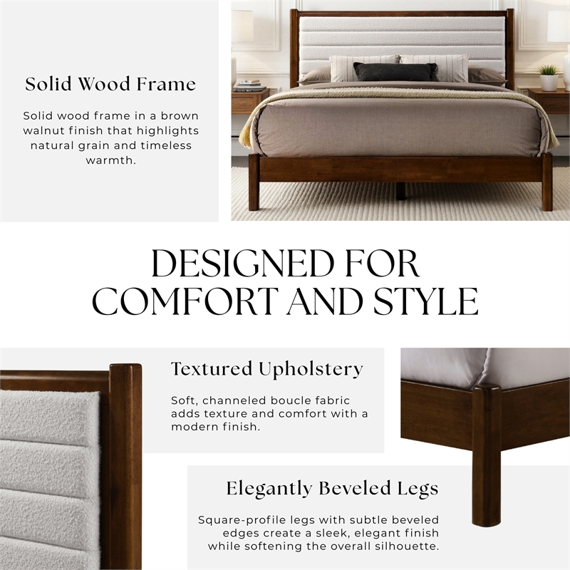 Pemberly Row Wooden Queen Platform Bed in Walnut and Cream White Boucle