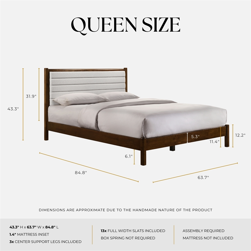 Pemberly Row Wooden Queen Platform Bed in Walnut and Cream White Boucle