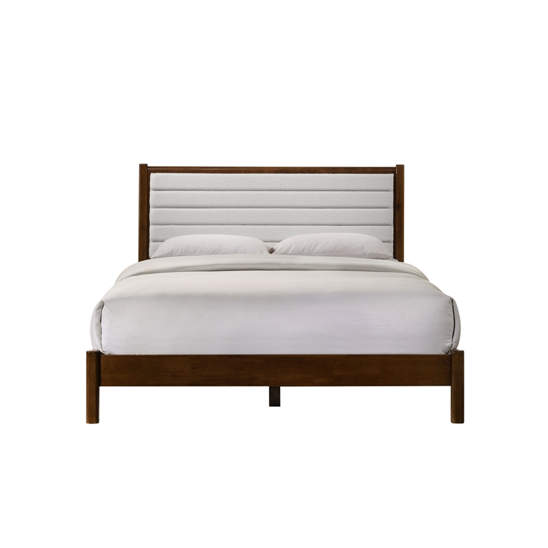 Pemberly Row Wooden Queen Platform Bed in Walnut and Cream White Boucle