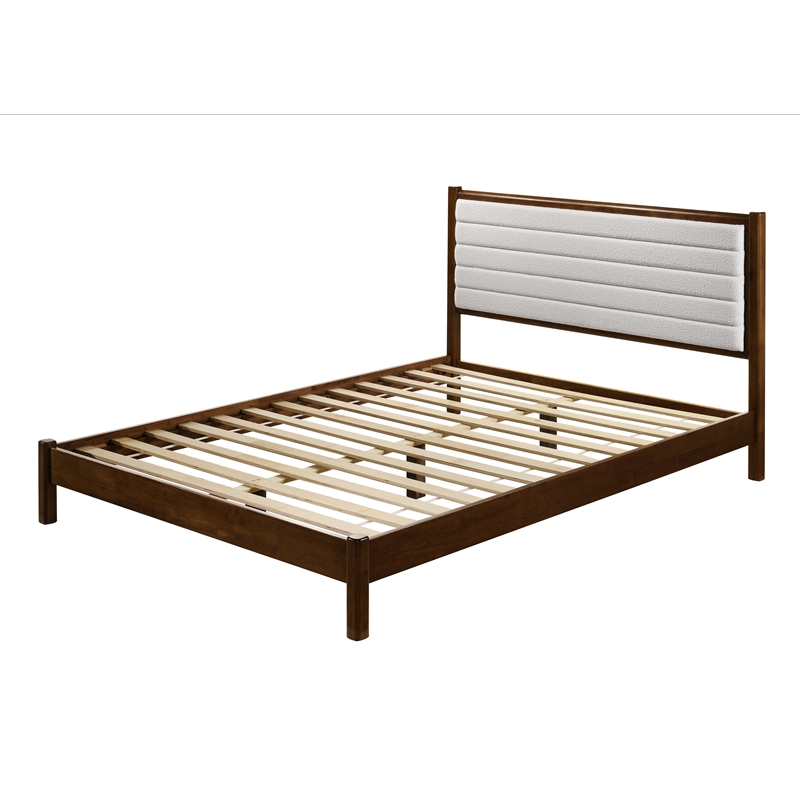 Pemberly Row Wooden Queen Platform Bed in Walnut and Cream White Boucle