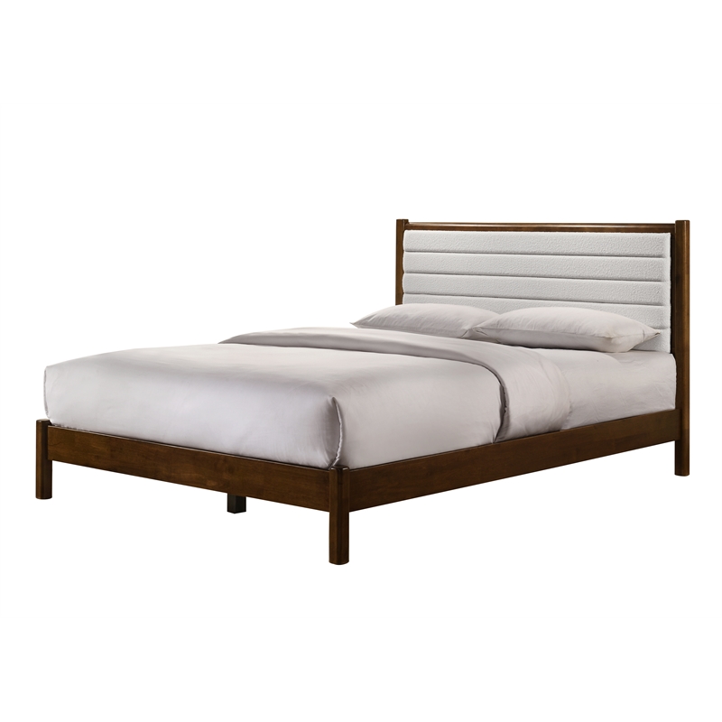 Pemberly Row Wooden Queen Platform Bed in Walnut and Cream White Boucle