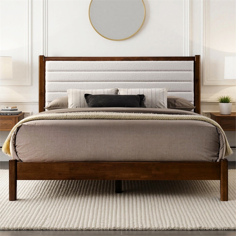Pemberly Row Wooden Queen Platform Bed in Walnut and Cream White Boucle