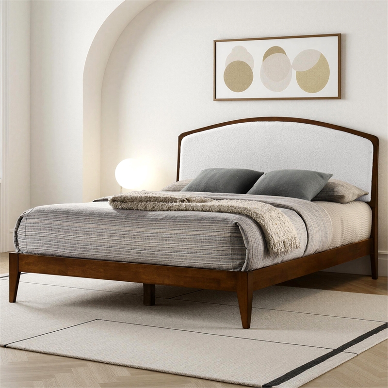 Pemberly Row Solid Wood Queen Platform Bed in Walnut and Cream White Boucle