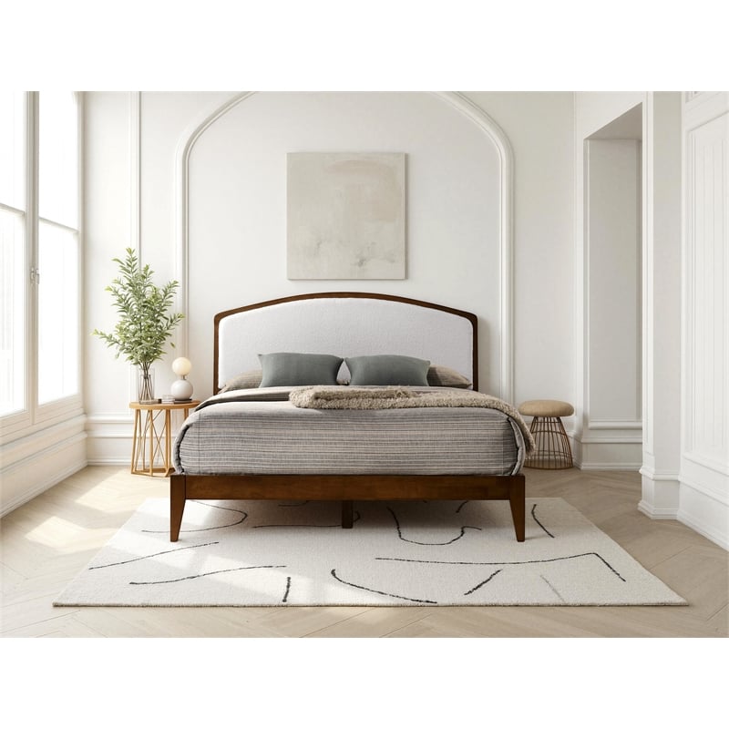 Pemberly Row Solid Wood Queen Platform Bed in Walnut and Cream White Boucle