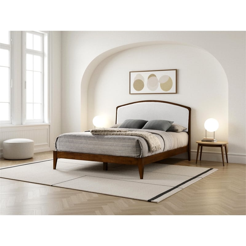 Pemberly Row Solid Wood Queen Platform Bed in Walnut and Cream White Boucle