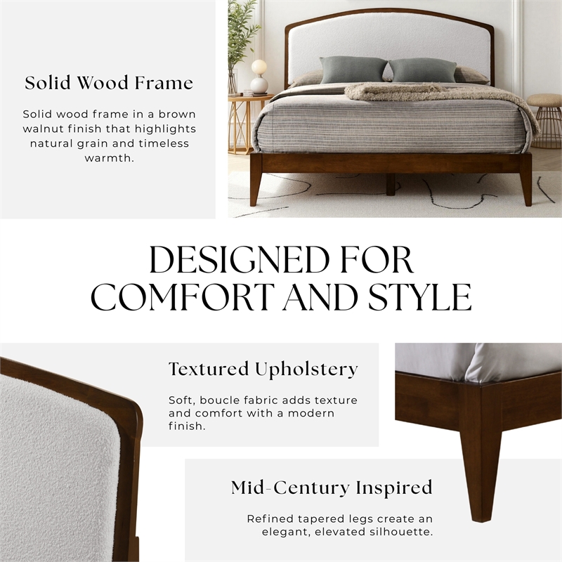 Pemberly Row Solid Wood Queen Platform Bed in Walnut and Cream White Boucle