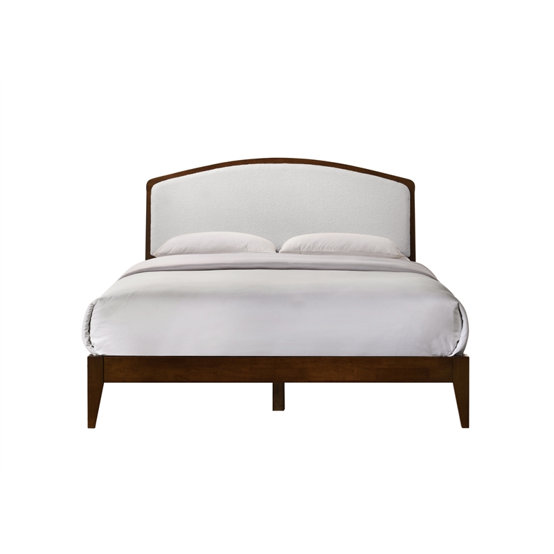 Pemberly Row Solid Wood Queen Platform Bed in Walnut and Cream White Boucle