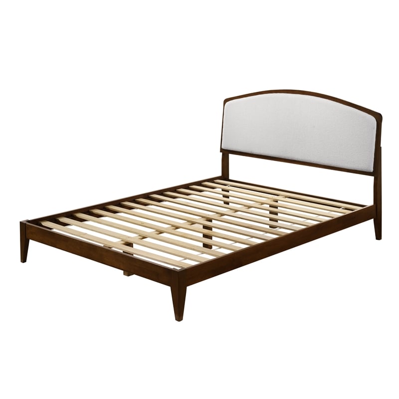 Pemberly Row Solid Wood Queen Platform Bed in Walnut and Cream White Boucle