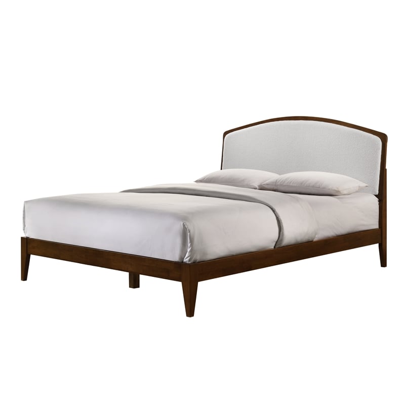 Pemberly Row Solid Wood Queen Platform Bed in Walnut and Cream White Boucle