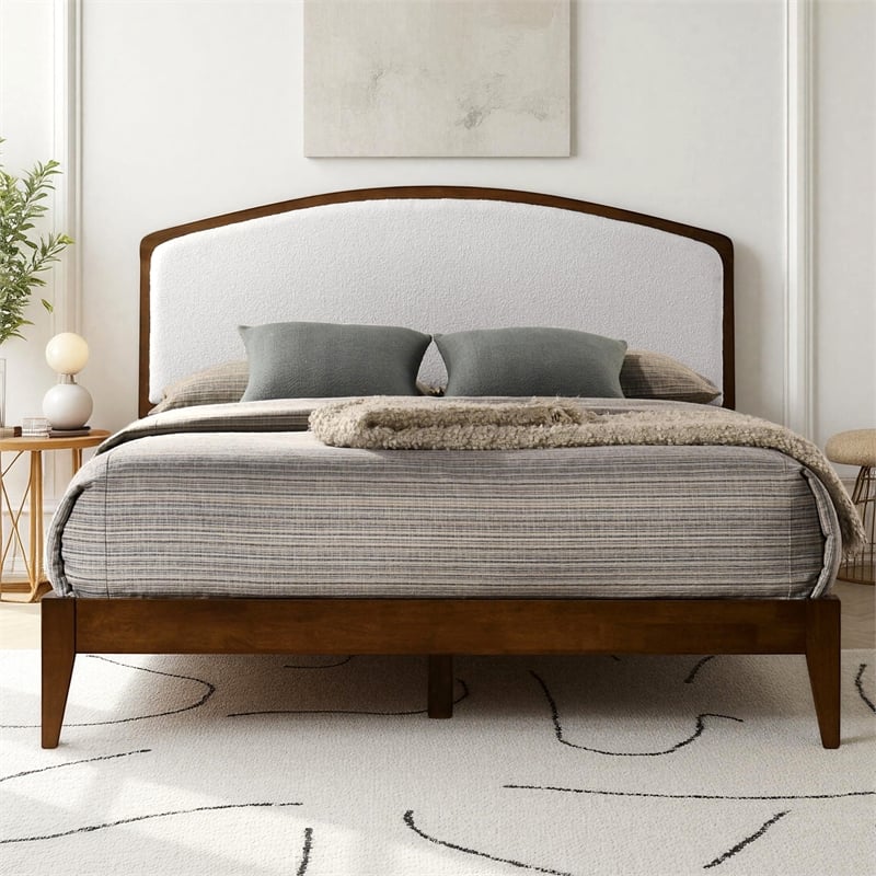 Pemberly Row Solid Wood Queen Platform Bed in Walnut and Cream White Boucle