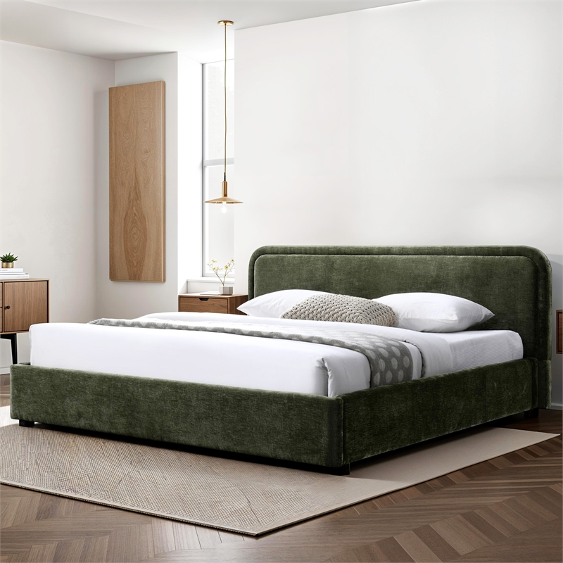 Pemberly Row Upholstered King Platform Bed with Rounded Headboard in Moss Green