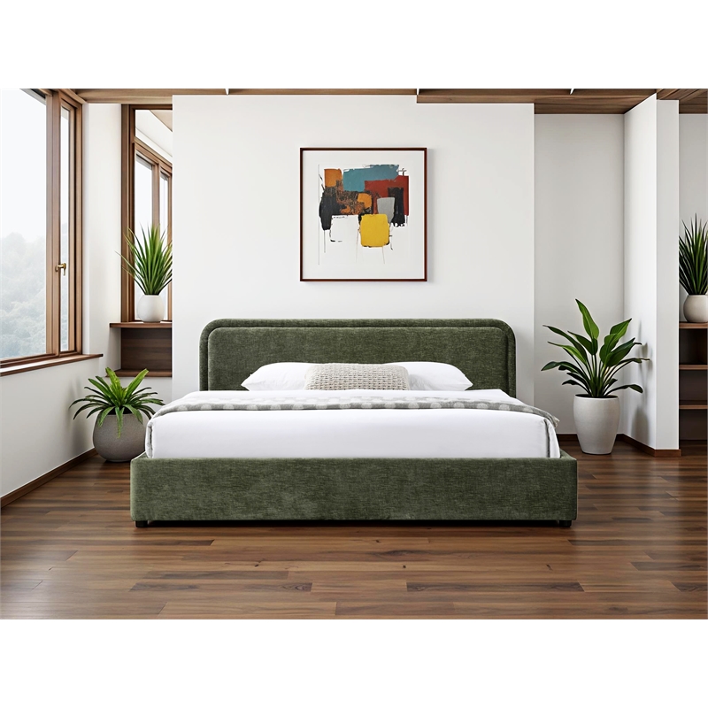 Pemberly Row Upholstered King Platform Bed with Rounded Headboard in Moss Green
