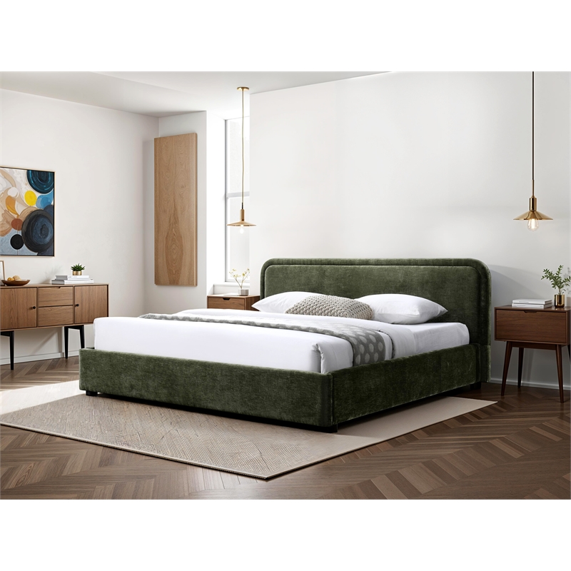 Pemberly Row Upholstered King Platform Bed with Rounded Headboard in Moss Green