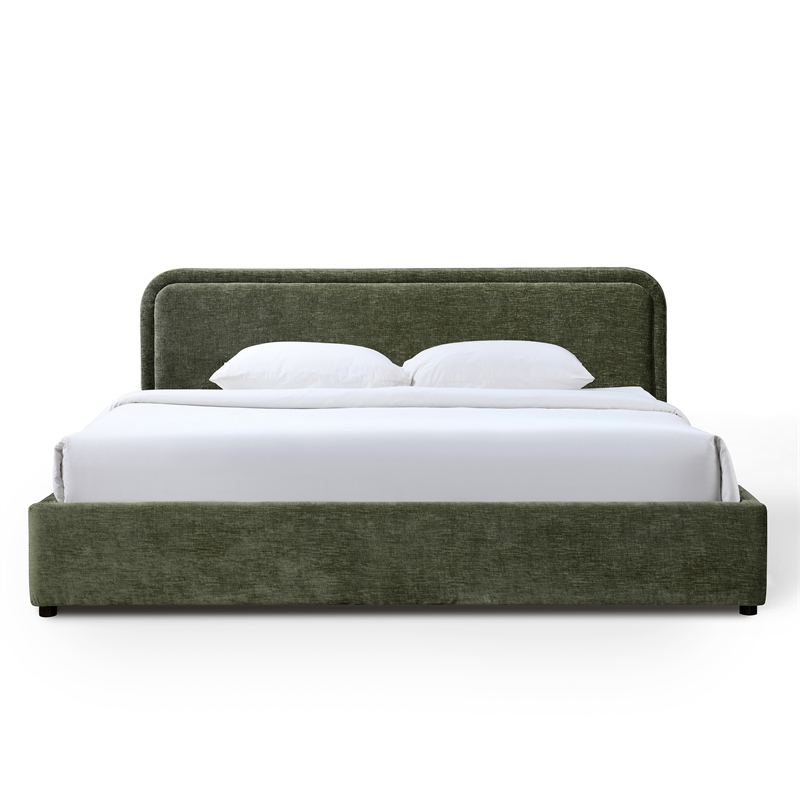 Pemberly Row Upholstered King Platform Bed with Rounded Headboard in Moss Green