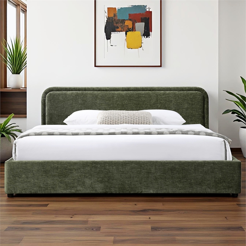 Pemberly Row Upholstered King Platform Bed with Rounded Headboard in Moss Green