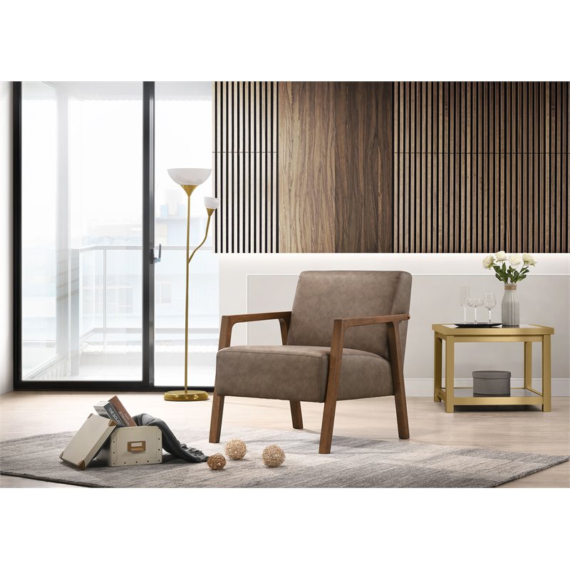 Pemberly Row Solid Wood & Fabric Upholstered Lounge Accent Chair in Brown
